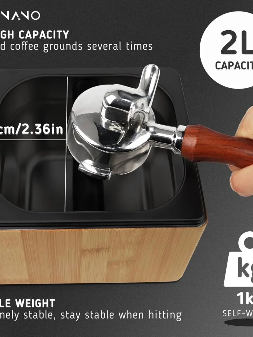 Coffee Grounds Knock Box with Durable Knock Bar Made of Bamboo & Stainless steel
